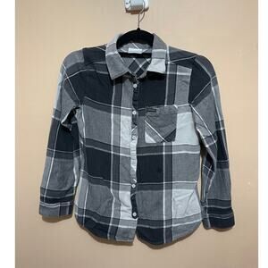 Columbia Plaid Flannel‎ Button Down Shirt Women's Small Gray White Black-Casual